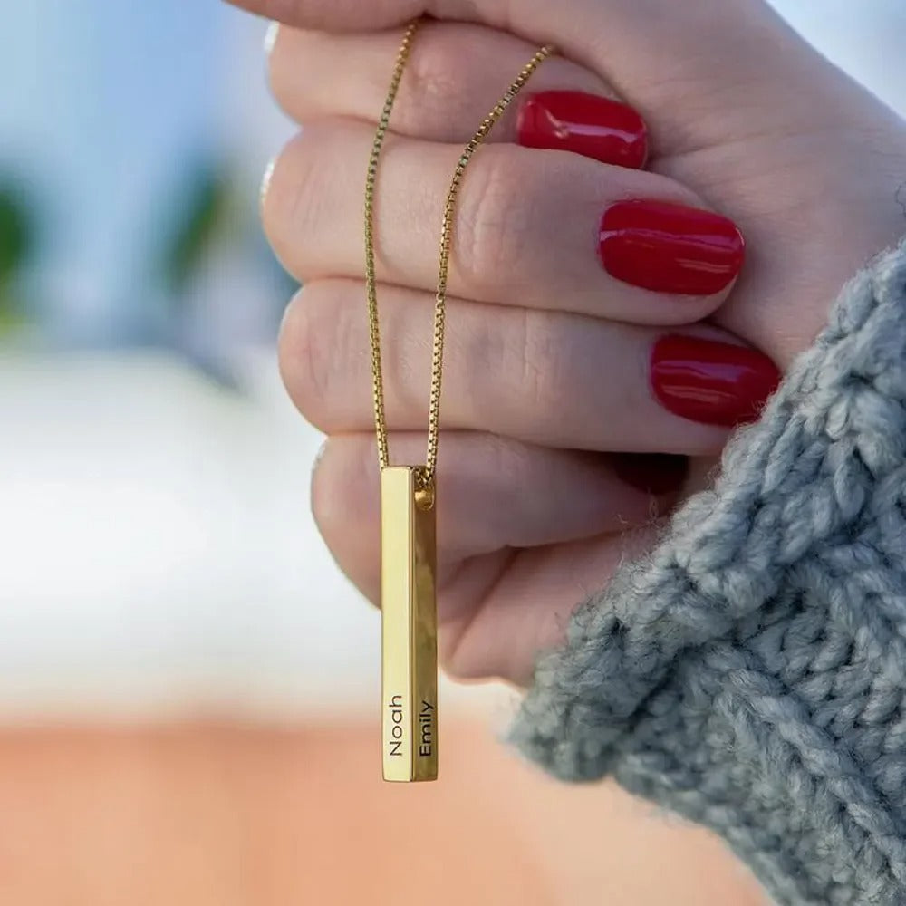 Elegant bar necklace shown by model showing length and style
