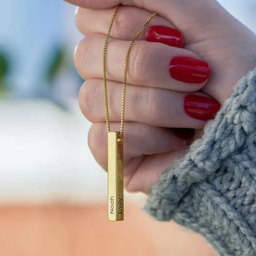 Elegant bar necklace shown by model showing length and style