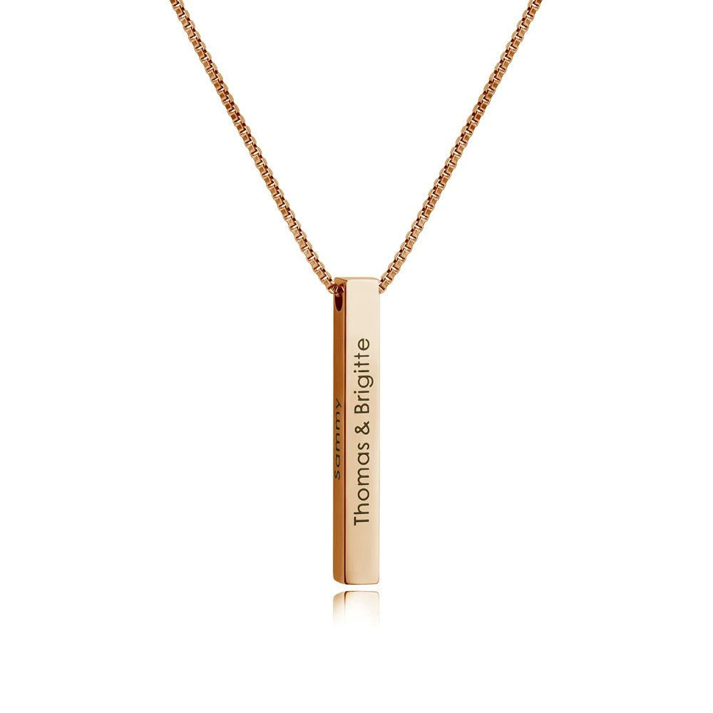 3D bar necklace in rose gold with four-sided engraving